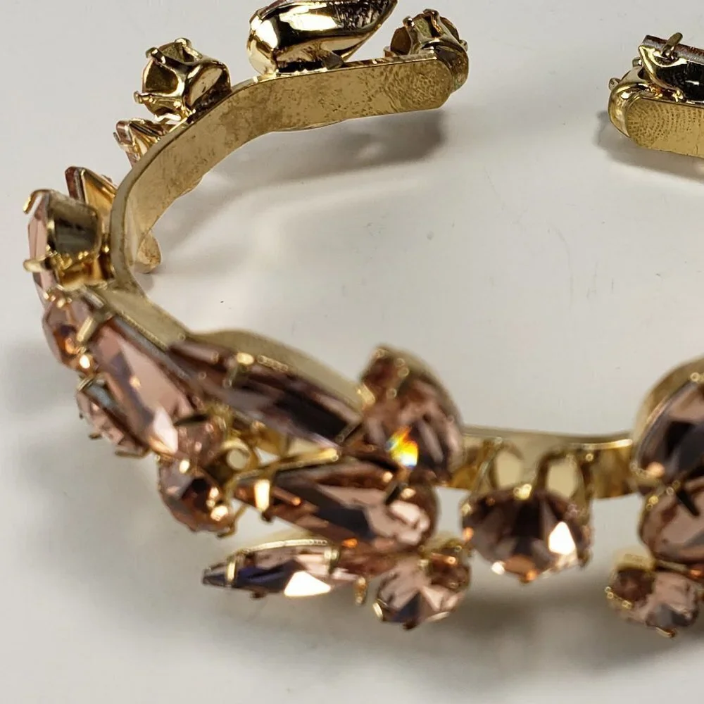 Polished Gold-Tone Shiny Light Pink Crystal Design Cuff Bracelet for Women - Picture 5 of 6
